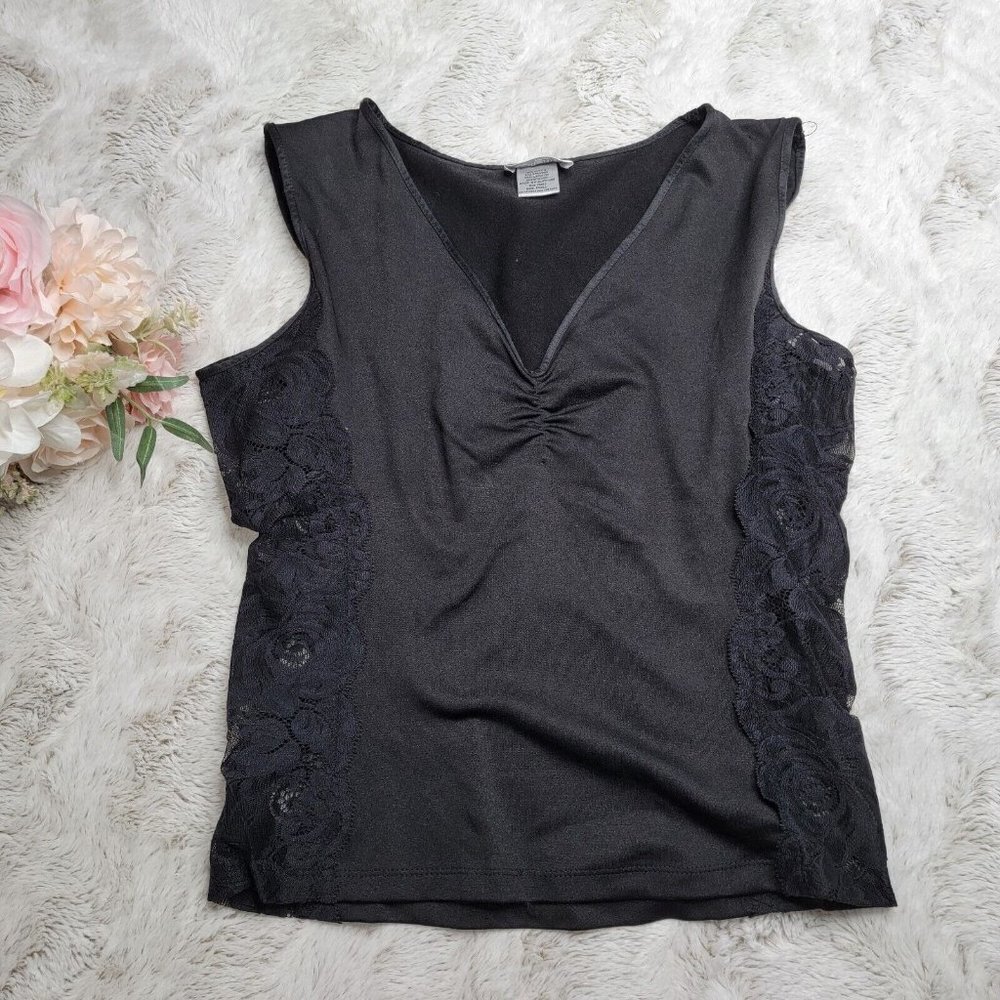 Y2K Cinema Etoile Lace Side Ruch Neck Detail V Neck Blouse Size S